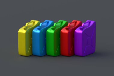 Siyah arka planda renkli teneke kutular var. Yakıt deposu. Benzin ya da mazot için Jerrycan. Benzin deposu. 3d hazırlayıcı