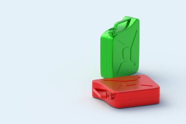 Gri arka planda metal bidonlar. Yakıt deposu. Benzin ya da mazot tenekesi. Benzin deposu. Uzayı kopyala 3d hazırlayıcı