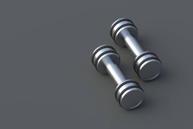 Gri arka planda iki dambıl. Sağlıklı bir yaşam tarzı. Atletik ekipmanlar. Hobi ve eğlence aksesuarları. Profesyonel envanter. Fiziksel gücün kaldırılması. Uzayı kopyala 3d hazırlayıcı