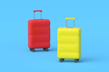 Mavi arka planda renkli seyahat bavulları. Bagajlar için çanta. Yurt dışına. Tatil için aksesuarlar. 3d hazırlayıcı