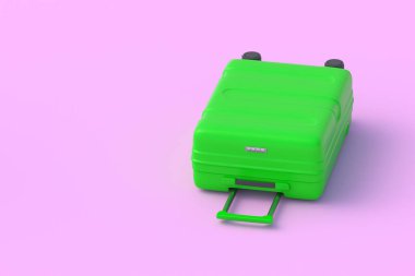 Pembe arka planda plastik seyahat valizi. Bagajlar için çanta. Yurt dışına. Tatil için aksesuarlar. Uzayı kopyala 3d hazırlayıcı