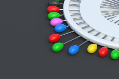 Siyah arka planda plastik tutacakta renkli dikiş iğneleri. Gökkuşağı iğneleri. Terzi aleti. El işi aksesuarlar. Uzayı kopyala 3d hazırlayıcı