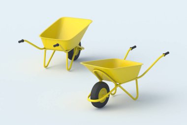 Açık gri arka planda iki el arabası. Bahçıvanlık ve tarım ekipmanları. İnşaat aleti. 3d hazırlayıcı