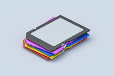Açık gri arkaplanda renkli SD kartları. SDXC bellek çubuğu. Dijital bilgi deposu. 3d hazırlayıcı