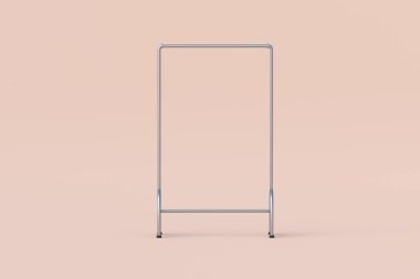 Bej arka planda boş elbise rafı. Askıda dur. Gardırop için ekipman. 3d hazırlayıcı