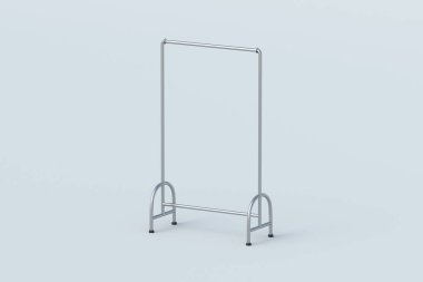 Gri arka planda elbise askısı. Askıda dur. Gardırop için ekipman. 3d hazırlayıcı