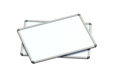 Two whiteboards isolated on white background. Blank magnetic marker board. Erasable surface. School or office equipment. Copy space. 3d render clipart