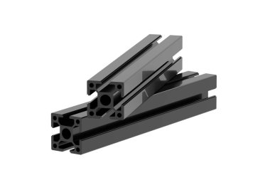 Beyaz arka planda siyah alüminyum profiller izole edildi. Cnc makinesi veya torna tezgahı için ekstrüzyon çubuğu. İnşaat malzemeleri. 3d hazırlayıcı
