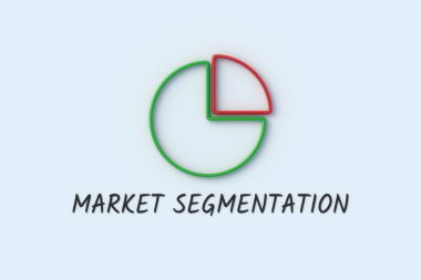 Pasta grafiğinin yanında piyasa segmentasyonu kelimeleri. İş konsepti. Pazarlama stratejisi. Coğrafi hedefleme. 3d hazırlayıcı