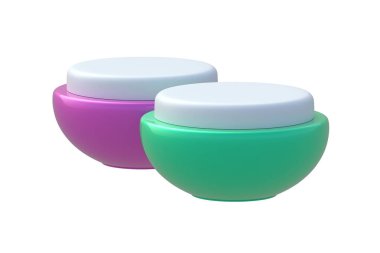 Beyaza izole edilmiş iki vücut bakım kremi kavanozu. Nemlendirici, güneş kremi ya da temizleyici jeli modern konteynır. Kozmetik ürünü. 3d hazırlayıcı