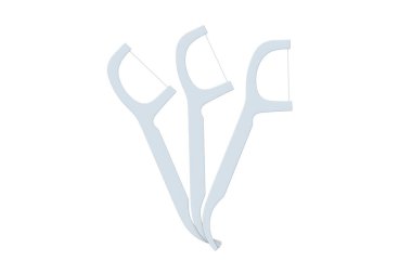 Beyaz arka planda üç kürdan izole edilmiş. Diş ipi çubuğu. İnterdental temizleyici. Günlük hijyen önleme. 3d hazırlayıcı