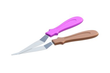 Beyaz arka planda izole edilmiş iki spatula. Şekerleme aleti. Profesyonel ekipmanlar. 3d oluşturma