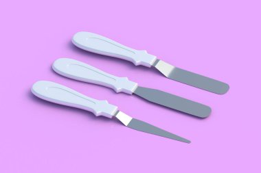 Pembe arka planda pasta süsleme spatulaları. Şekerleme aleti. Profesyonel ekipmanlar. 3d oluşturma
