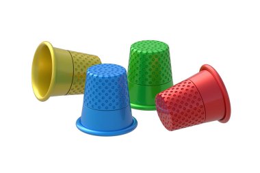 Beyaz arka planda izole edilmiş renkli dikiş yüksükleri. Terzilik aleti. Terzi koruması. Atış teçhizatı. 3d hazırlayıcı