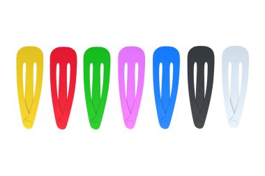 Beyaz arka planda izole edilmiş renkli saç tokaları. Kız için saç tokası. Metal saç tokası. Kuaför aksesuarları. Üst Manzara. 3d hazırlayıcı