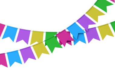 Beyaz arka planda izole edilmiş parti için bayrak çelengi. Kutlama için kiraz kuşu. Halata asılı flamalar. 3d hazırlayıcı