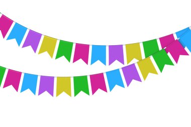 Beyaz arka planda izole edilmiş parti için bayrak çelengi. Kutlama için kiraz kuşu. Halata asılı flamalar. 3d hazırlayıcı