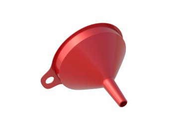 Kırmızı huni beyaz arka planda izole edildi. Mutfak malzemeleri. Su dökme aleti. 3d hazırlayıcı