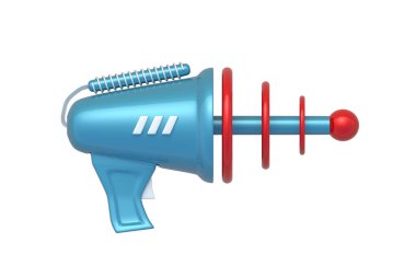 Retro silahı beyaz arka planda izole edildi. Geleceğin lazer silahı. Uzaylı silahı. Çocuklar için oyuncak. Üst Manzara. 3d hazırlayıcı