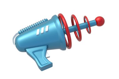 Retro uzay patlatıcısı beyaz arkaplanda izole edildi. Geleceğin lazer silahı. Uzaylı silahı. Çocuklar için oyuncak. 3d hazırlayıcı