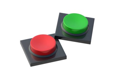 Beyaz arkaplanda iki kırmızı ve yeşil düğme var. Üst Manzara. 3d hazırlayıcı