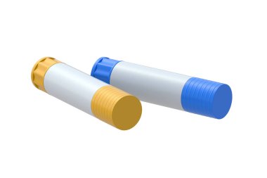 Beyaz arka planda iki yapıştırıcı izole edilmiş. Okul ekipmanları. Ofis malzemeleri. El işi için aksesuarlar. 3d hazırlayıcı