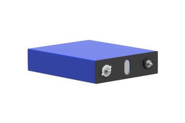 LiFePo4 hücresi beyaz arka planda izole edildi. Lityum demir fosfat pili için prizmatik modüller. 3d hazırlayıcı