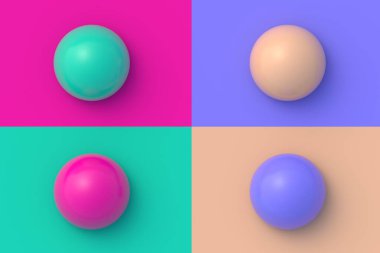 Renkli arka planda dört farklı renkte ping pong topu seti. 3d hazırlayıcı