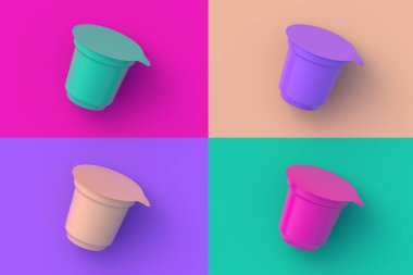 Renkli arkaplanlı dört farklı renkte yoğurt seti. 3d hazırlayıcı