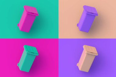 Renkli arka planda dört farklı renk geri dönüşüm kutusu seti. 3d hazırlayıcı