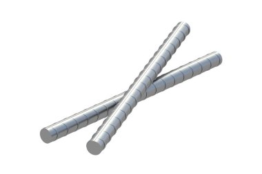 Beyaz arka planda izole edilmiş iki destek çubuğu. Çelik armatür. 3d hazırlayıcı
