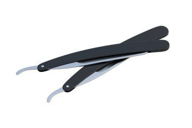 Beyaz arka planda izole edilmiş tıraş için iki düz tıraş bıçağı. Berber aleti. Berber dükkanı aksesuarı. 3d hazırlayıcı