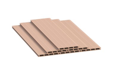 Lot of decking boards isolated on white background. Siding planks. Modern composite panel for terrace. 3d render clipart