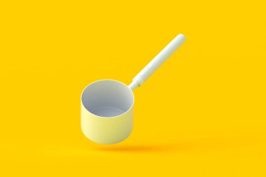 Turuncu arka planda düşen kaşık. Mutfak aksesuarları. Mutfak aleti. 3d hazırlayıcı