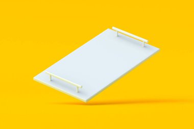 Turuncu arka planda servis edilen yemek tepsisi. Modern kurtarıcı. Paket kahvaltı sofra takımı. Lüks aletler. 3d hazırlayıcı