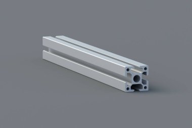 Gri arka planda alüminyum profil. Cnc makinesi veya torna tezgahı için ekstrüzyon çubuğu. İnşaat malzemeleri. 3d hazırlayıcı