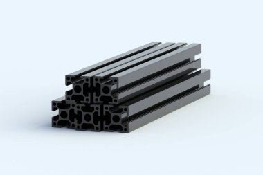 Açık gri arkaplanda birçok alüminyum profil var. Cnc makinesi veya torna tezgahı için ekstrüzyon çubuğu. İnşaat malzemeleri. 3d hazırlayıcı