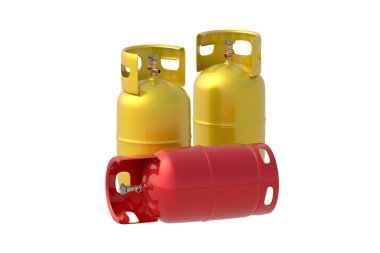 Beyaz arka planda üç gaz tüpü izole edildi. Lpg tankı. 3d hazırlayıcı
