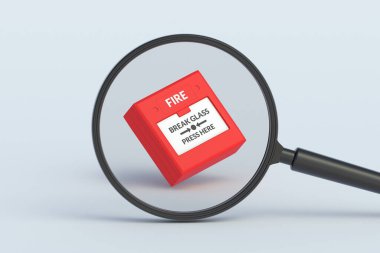 Fire alarm system behind magnifying glass. 3d render clipart