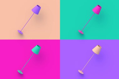 Renkli arka planda dört farklı renkte lamba seti. 3d hazırlayıcı