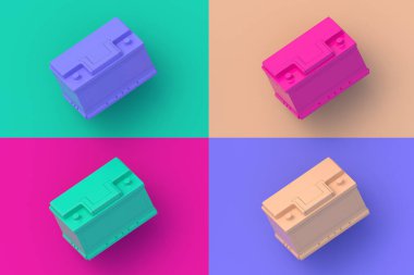 Renkli arka planda araba için dört farklı renk pil seti. 3d hazırlayıcı