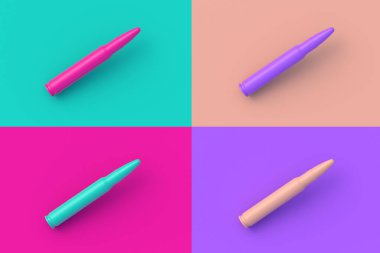 Renkli arka planda dört farklı renk mermisi seti. 3d hazırlayıcı