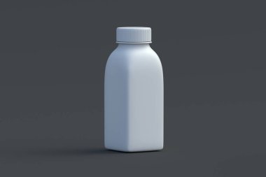 Siyah arka planda meyve suyu şişesi. Sıvı ürün için plastik kap. İçecek için boş ambalaj. 3d hazırlayıcı