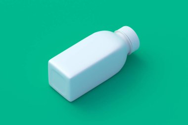 Yeşil arka planda meyve suyu için bir şişe. Sıvı ürün için plastik kap. İçecek için boş ambalaj. 3d hazırlayıcı