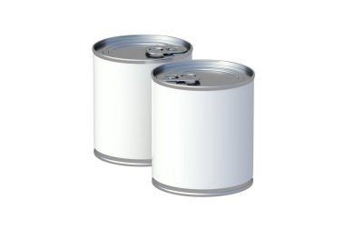 Beyaz arka planda izole edilmiş metal konserve kutuları. Kedi, köpek maması. Korunmuş sebzeler. Erzak deposu. Turistik yemek. 3d hazırlayıcı