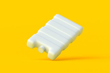 Turuncu arka planda düşen buz torbası. Soğuk akümülatör. Soğutucu blok. Yiyecek ve içecek için soğutucu şişesi. Düşük sıcaklık koruyucusu. 3d hazırlayıcı