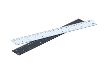 Beyaz arka planda izole edilmiş santimetre ve inç ölçekli iki cetvel. Okul ekipmanları. Ölçme aleti. 3d hazırlayıcı