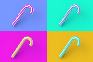 Renkli segmentlere sahip dört farklı renkte Noel bastonu. 3d hazırlayıcı