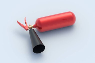 Açık gri arka planda kırmızı yangın söndürücü. Otomotiv güvenlik ekipmanları. Acil durum aracı. 3d hazırlayıcı
