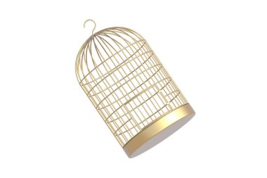 Beyaz arka planda izole edilmiş kuş için altın kafes. 3d hazırlayıcı